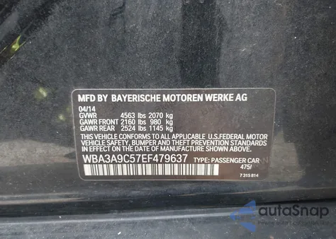 2014 BMW 335I from USA, damaged, VIN WBA3A9C57EF479637